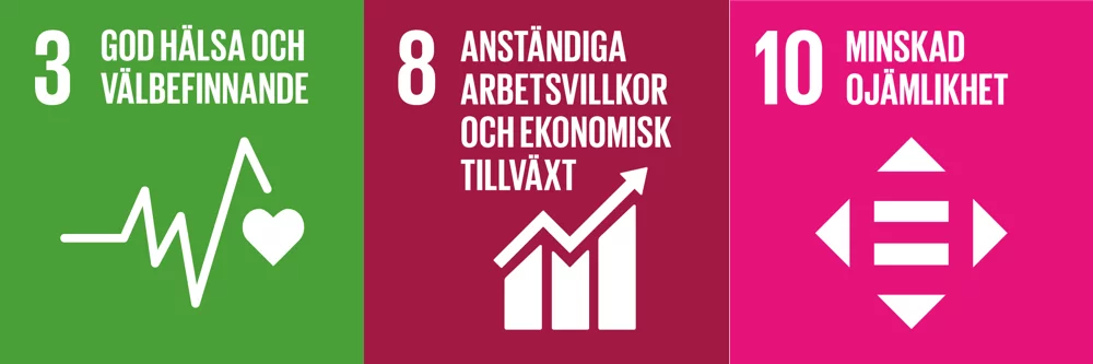 Logotyp för FNs globala mål nummer 2, 8 och 10